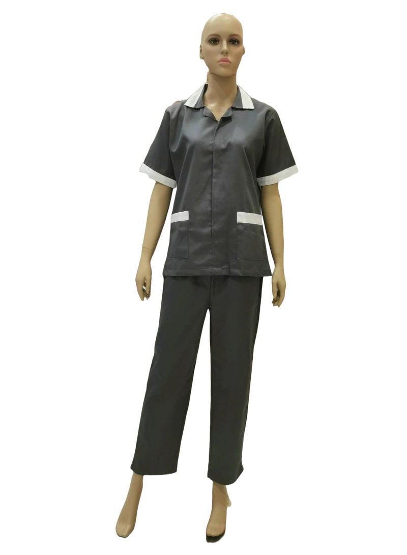 Maid Uniform with Zipper Top and Pants Grey Domestic Helper Uniform