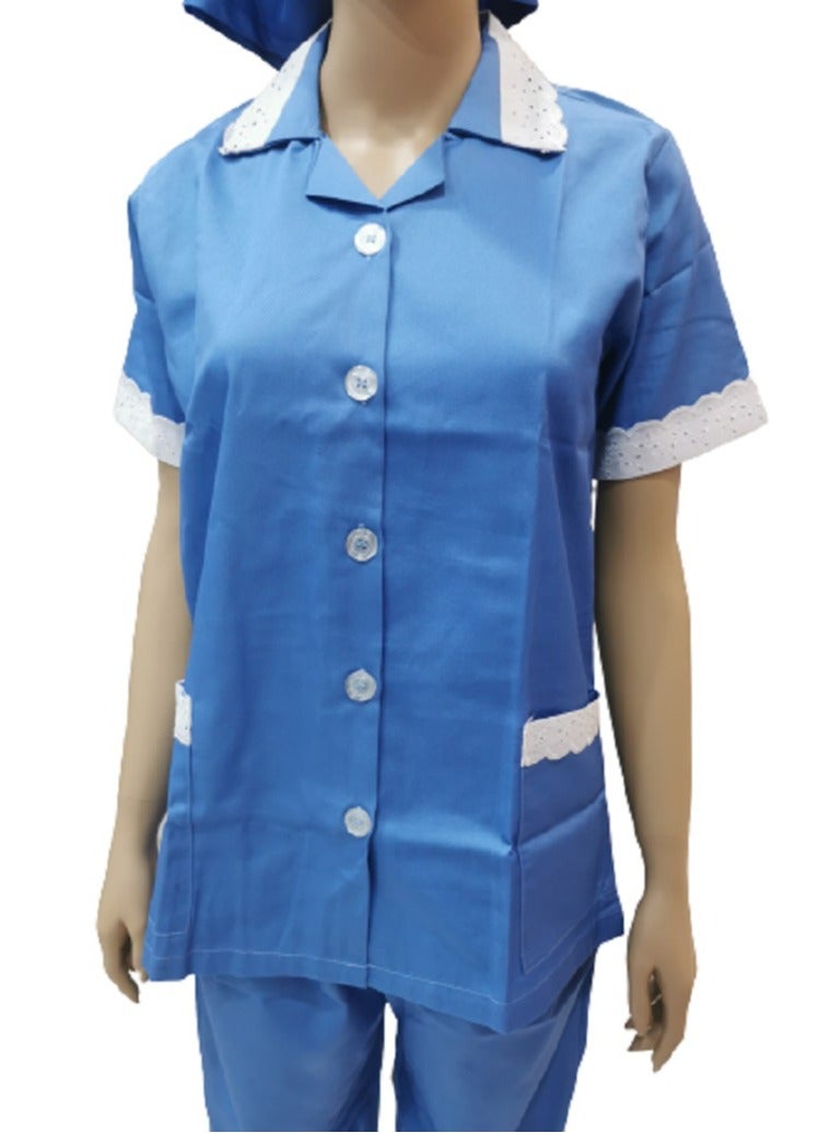 Maid Uniform with Buttons Top and Pants Blue Domestic Helper Uniform