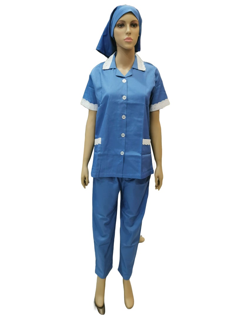Maid Uniform with Buttons Top and Pants Blue Domestic Helper Uniform