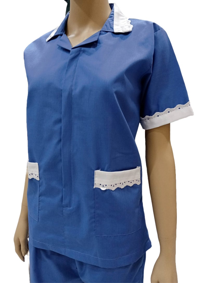 Maid Uniform with Zipper Top and Pants Blue Domestic Helper Uniform