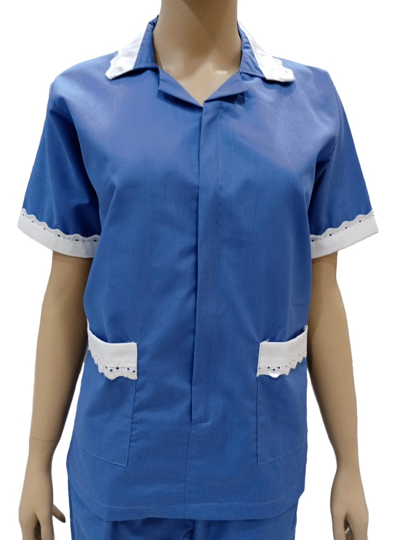 Maid Uniform with Zipper Top and Pants Blue Domestic Helper Uniform