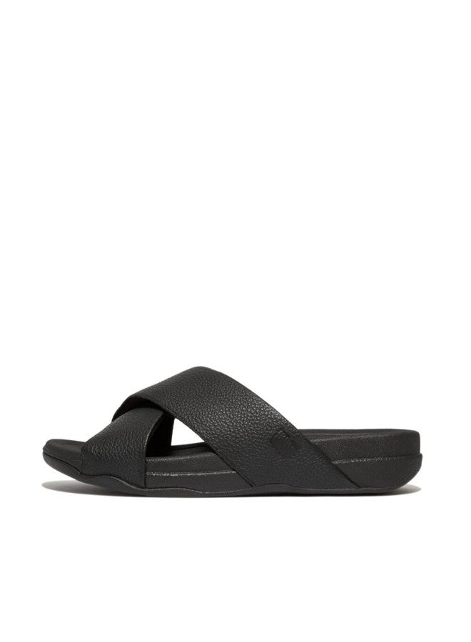 049-800 Fitflop Men Surfer Mens Tumbled-Leather Cross Slides HA6-001 Black