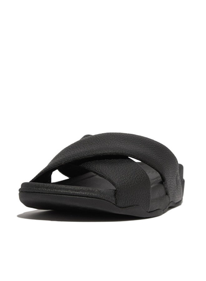 049-800 Fitflop Men Surfer Mens Tumbled-Leather Cross Slides HA6-001 Black