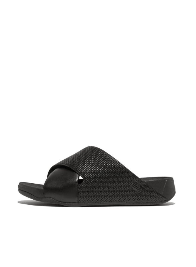 049-803 Fitflop Men Freeway Mens Weave-Embossed Leather Cross Slides HC3-001 Black