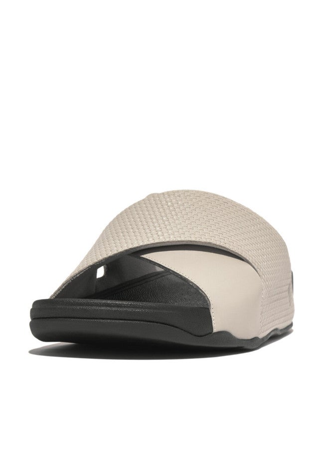049-804 Fitflop Men Freeway Mens Weave-Embossed Leather Cross Slides HC3-A93 Grey
