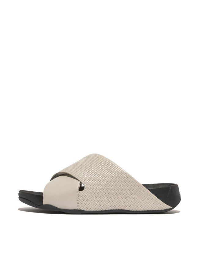 049-804 Fitflop Men Freeway Mens Weave-Embossed Leather Cross Slides HC3-A93 Grey