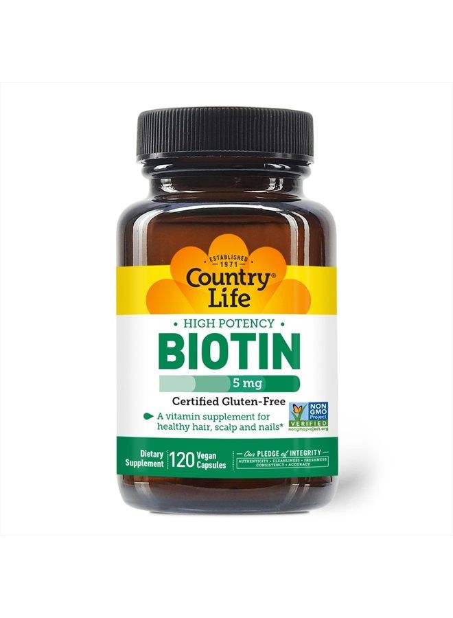 Biotin High Potency, 5mg, 120 Count, Certified Gluten Free, Certified Vegan, Verified Non GMO