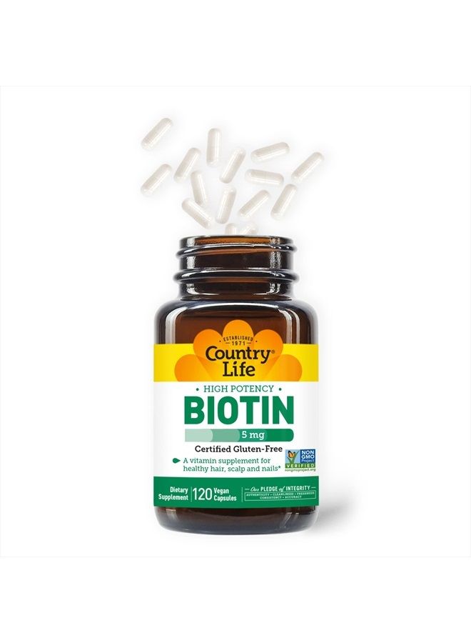 Biotin High Potency, 5mg, 120 Count, Certified Gluten Free, Certified Vegan, Verified Non GMO