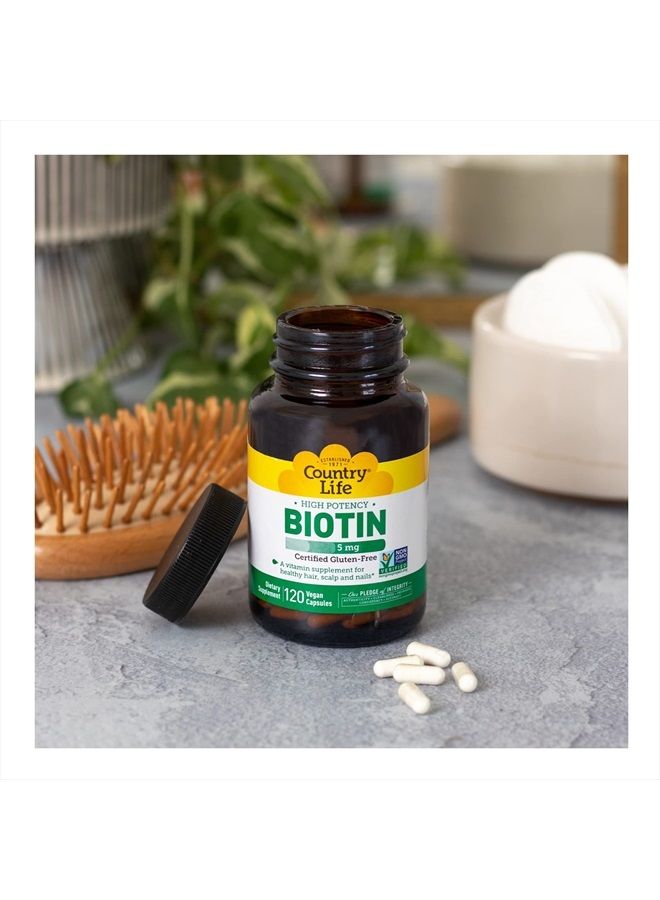 Biotin High Potency, 5mg, 120 Count, Certified Gluten Free, Certified Vegan, Verified Non GMO