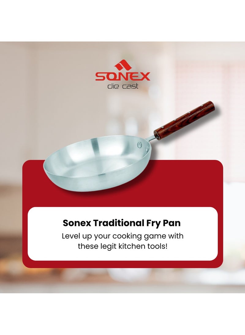 Sonex Traditional Frying Pan No.3 (28 cm), Cookware, Ergonominc Heat Resistant Wooden Handle, Frying Pan, Built to Last, Easy to Clean Dishwasher Safe,Metal Finish Aluminum, Silver