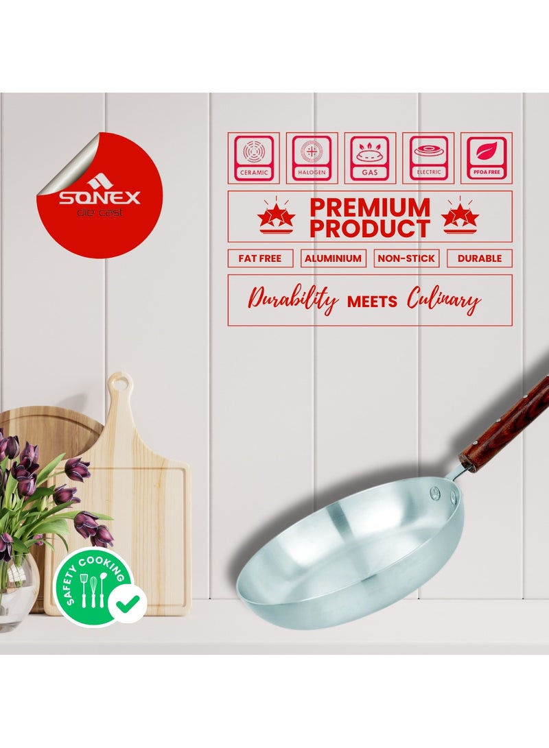 Sonex Traditional Frying Pan No.3 (28 cm), Cookware, Ergonominc Heat Resistant Wooden Handle, Frying Pan, Built to Last, Easy to Clean Dishwasher Safe,Metal Finish Aluminum, Silver
