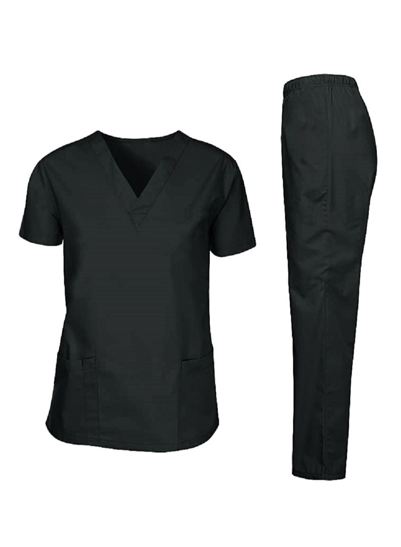 Scrubs Medical Uniform Unisex Top and Pants Black Nurse Suit Set