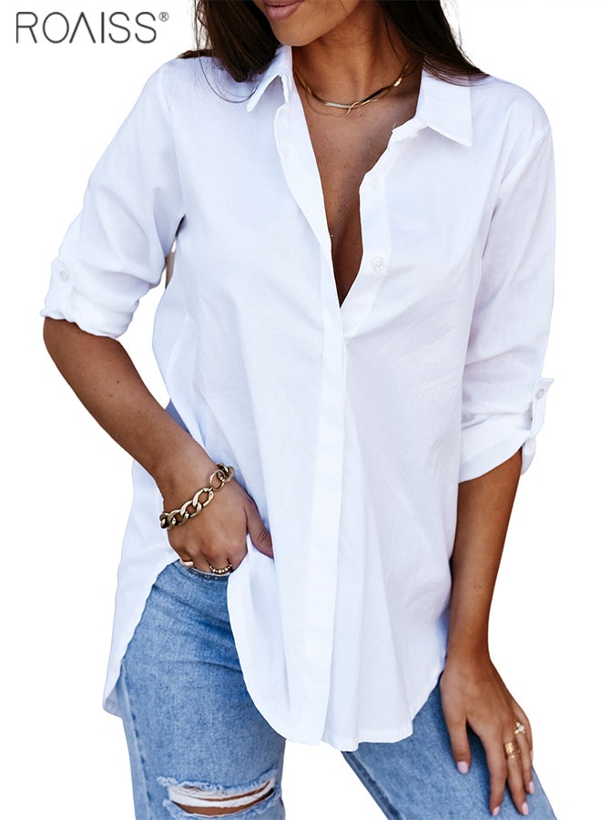 Women's Casual Classic Loose Shirt Solid Color Lapel Button Top Adjustable Sleeves Versatile Shirt