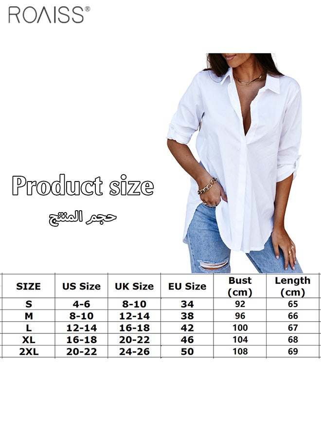 Women's Casual Classic Loose Shirt Solid Color Lapel Button Top Adjustable Sleeves Versatile Shirt