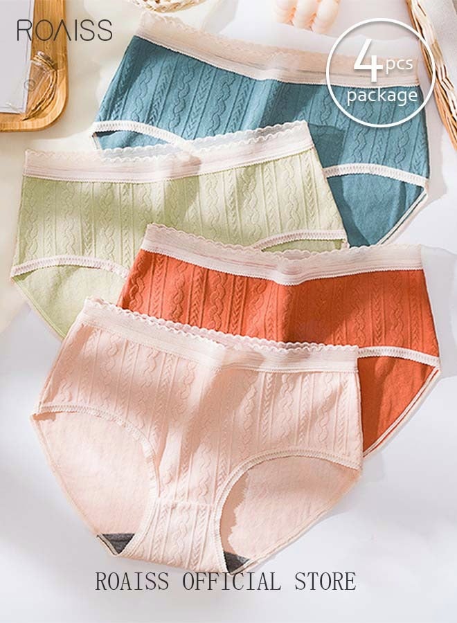 4 Pack Set Women's 95% Cotton Briefs Lace Stripe Sweet Textured High Stretch Panties Mid-waist Hygiene Soft Underpants Ladies Girl's Classic Underwear Multicolor