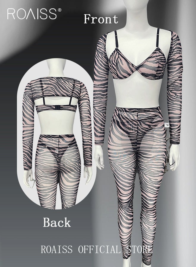 4 Piece Zebra Print Split Underwear Suit for Women Mesh See Through Body Slim Lingerie Set