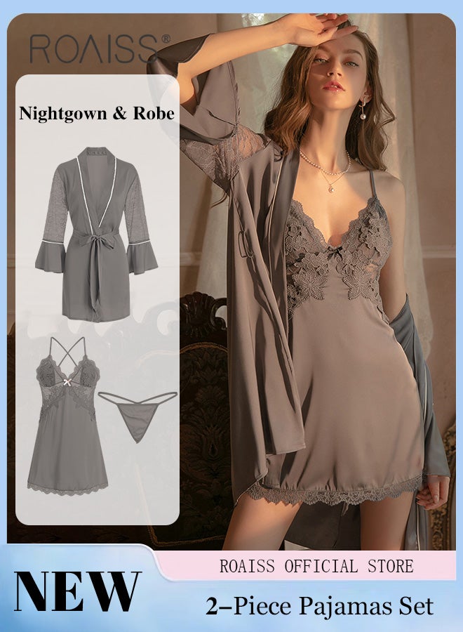 2-Piece Set of Women Pajamas with V-Neck Design Women Home Wear Set Same Color Outer Robe and Lace Element Nightgown