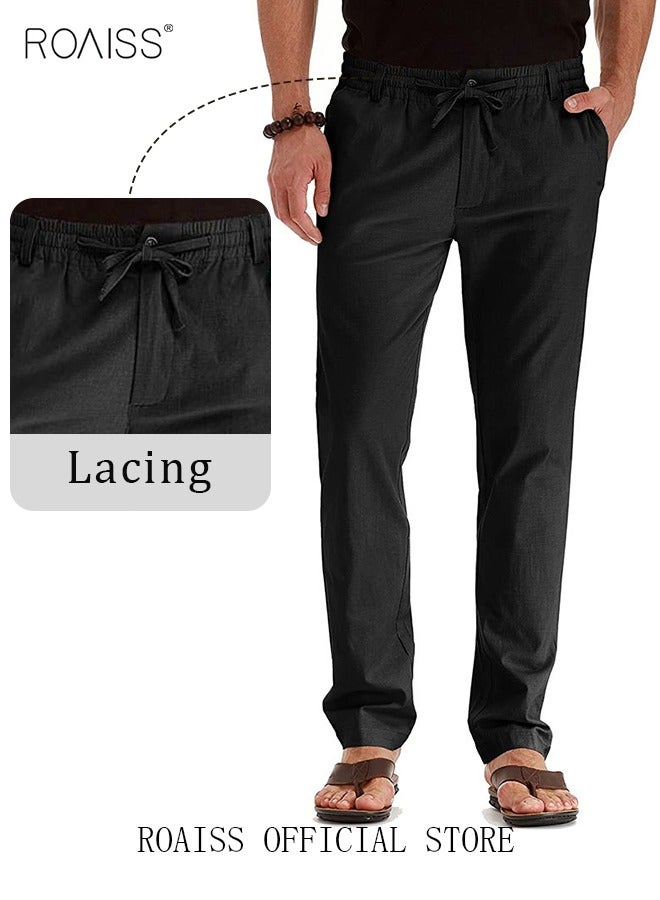 Men's Casual Solid Color Pants Loose Drawstring Waist Elastic Design Cotton Versatile Trousers