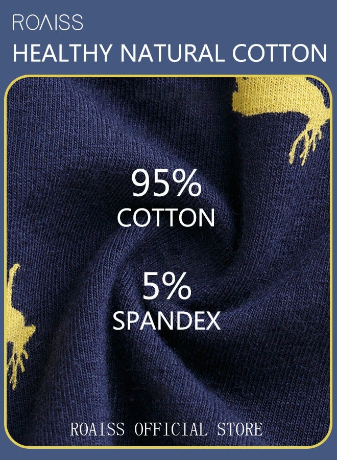 4 Pack Set Men's 95% Cotton Boxers Shorts Briefs Breathable Soft Underpants Summer High Elastic Classic Elk Pattern Printing Teenager Underwear