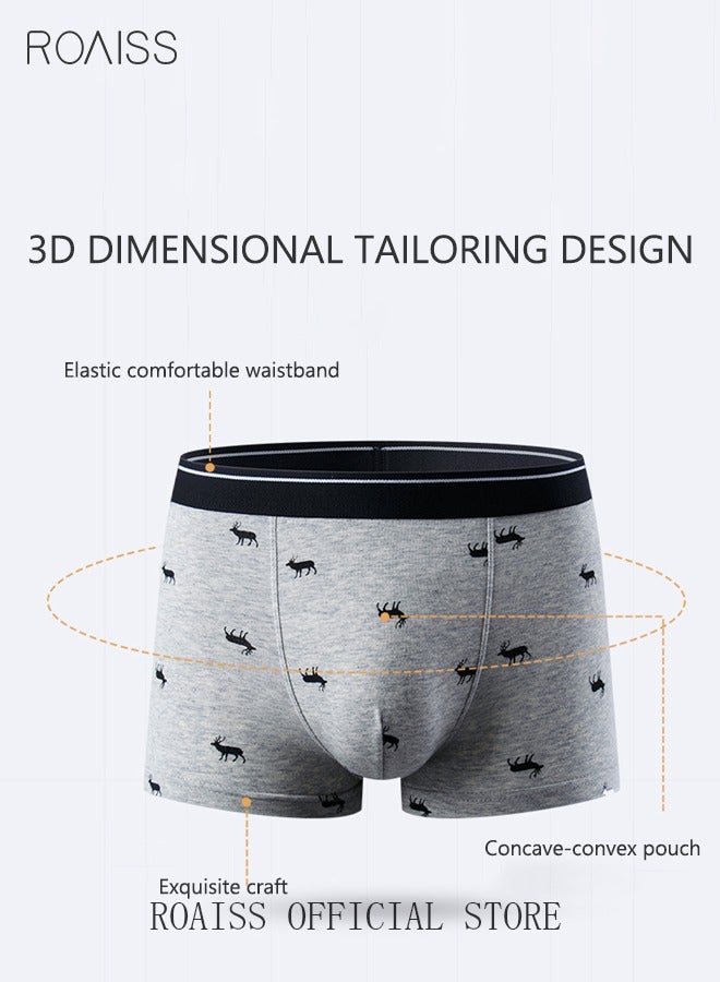 4 Pack Set Men's 95% Cotton Boxers Shorts Briefs Breathable Soft Underpants Summer High Elastic Classic Elk Pattern Printing Teenager Underwear
