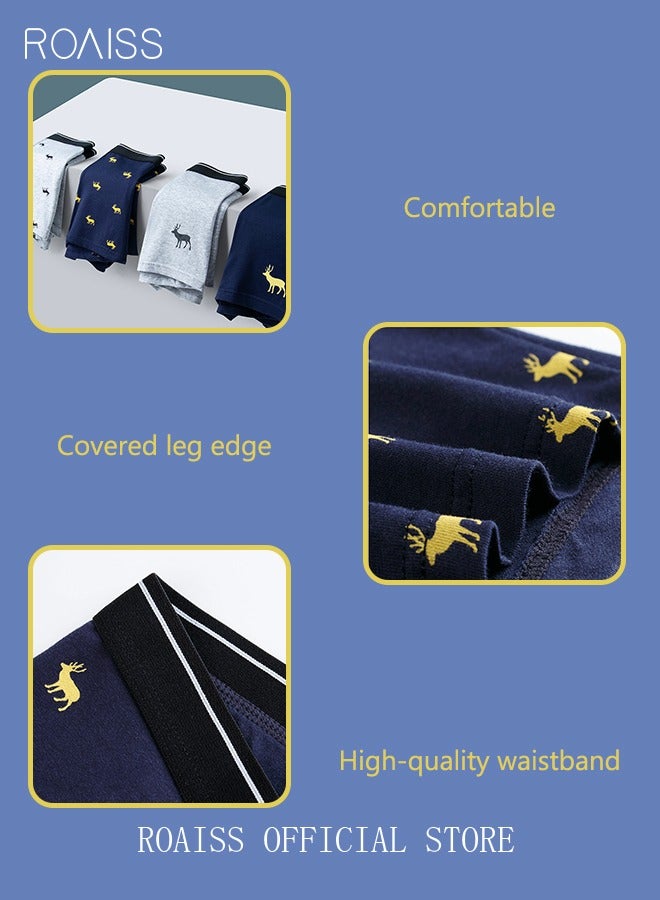 4 Pack Set Men's 95% Cotton Boxers Shorts Briefs Breathable Soft Underpants Summer High Elastic Classic Elk Pattern Printing Teenager Underwear