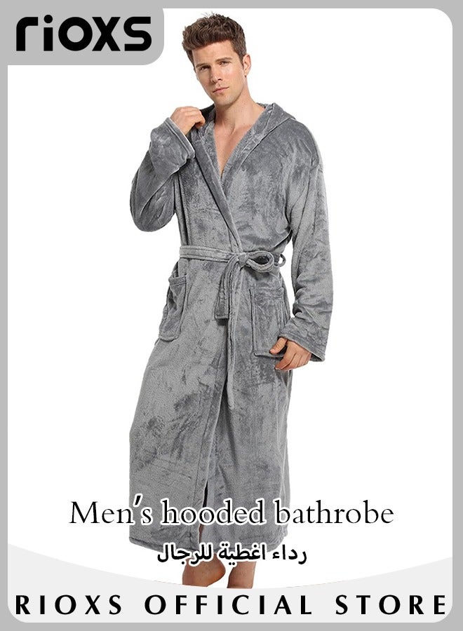 Men's Hooded Bath Robe,Plush Collar Sleepwear,Soft Long Bathrobe Warm Flannel House Robe,Robe Fleece Spa Robes Loungewear For Men,Long Bathrobe Gift For Father Brother Husband