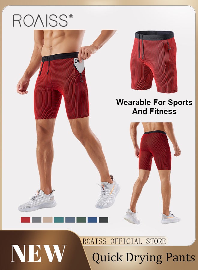 Men's Stripe Performance Compression Workout Shorts Tight Gym Athletic Shorts with Pockets