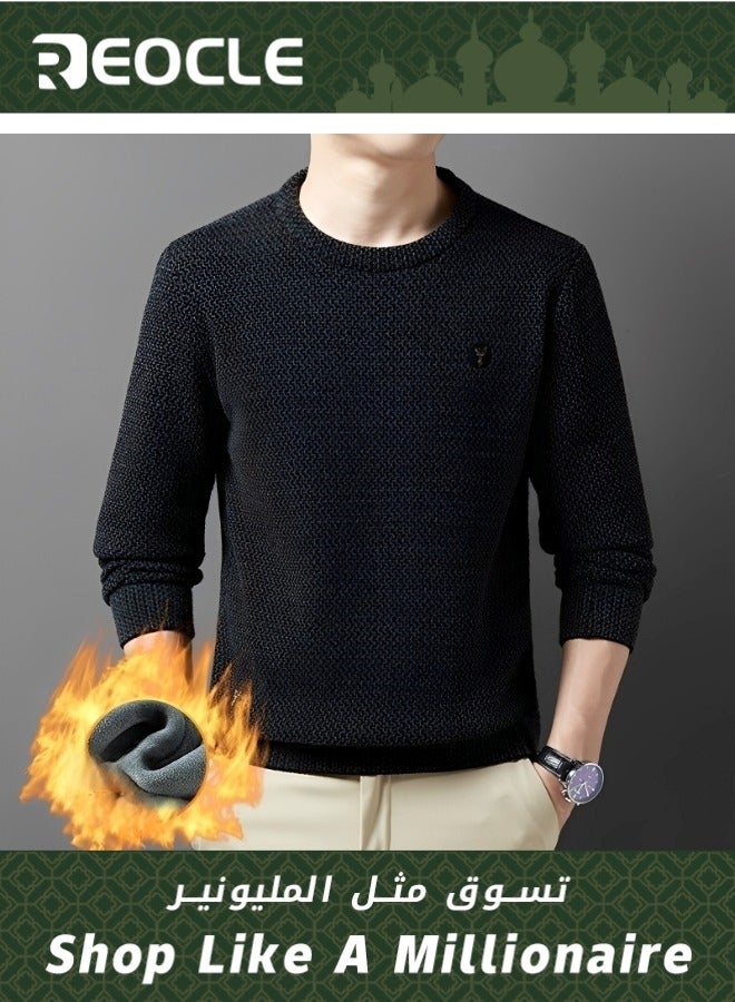 Men's Fleece Thick Knitted Shirt Winter Long Sleeve Crewneck Sweatshirt Thermal Top Anti-Static Workout Base Layer