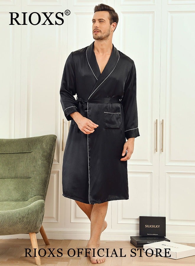 Men's Silky Satin Robe with Adjustable Tie and 2 Pockets, Skin-friendly Lightweight Kimono Bathrobe, Stylish Comfortable Nightgown, Great for Daily Wear, Beach Wear, Loungewear or Other Casual Occasions