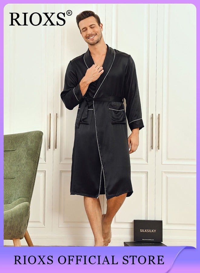 Men's Silky Satin Robe with Adjustable Tie and 2 Pockets, Skin-friendly Lightweight Kimono Bathrobe, Stylish Comfortable Nightgown, Great for Daily Wear, Beach Wear, Loungewear or Other Casual Occasions