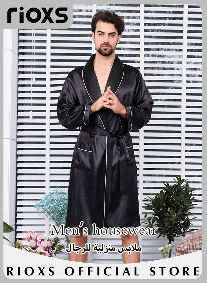 Men's Silky Satin Robe with Adjustable Tie and 2 Pockets, Skin-friendly Lightweight Kimono Bathrobe, Stylish Comfortable Nightgown, Great for Daily Wear, Beach Wear, Loungewear or Other Casual Occasions