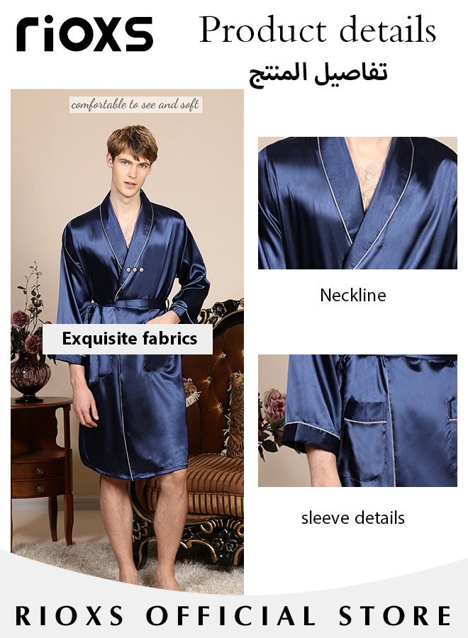 Men's Silky Satin Robe with Adjustable Tie and 2 Pockets, Skin-friendly Lightweight Kimono Bathrobe, Stylish Comfortable Nightgown, Great for Daily Wear, Beach Wear, Loungewear or Other Casual Occasions