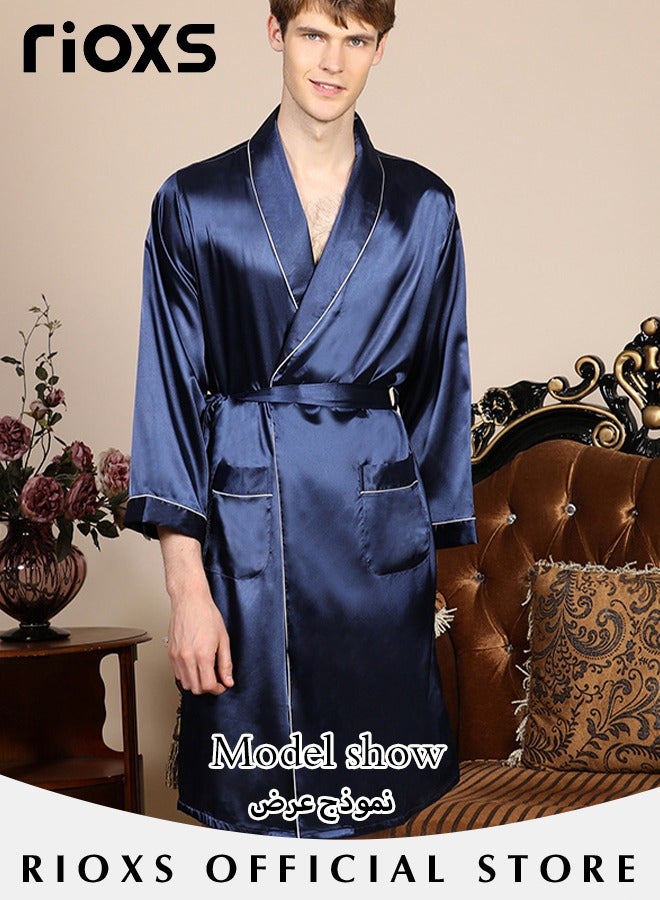 Men's Silky Satin Robe with Adjustable Tie and 2 Pockets, Skin-friendly Lightweight Kimono Bathrobe, Stylish Comfortable Nightgown, Great for Daily Wear, Beach Wear, Loungewear or Other Casual Occasions