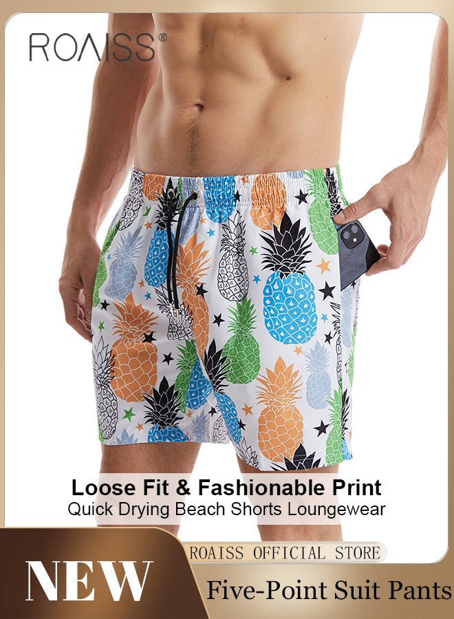 Men Beach Shorts Fashionable Printed Quick Dry Fabric Loose Fit for Body Enhancement Men Mid Length Swim Trunks & Beach Pants