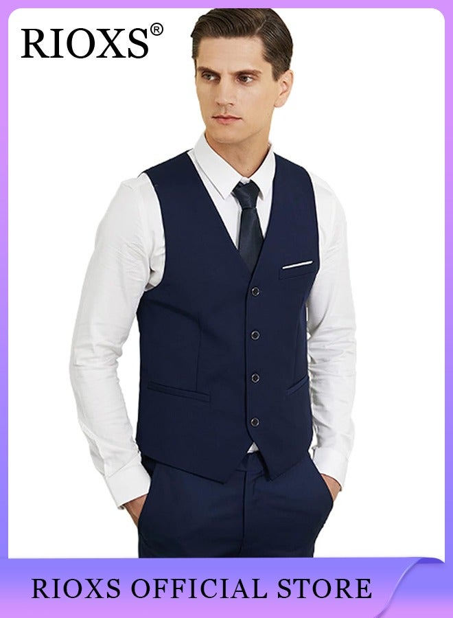 Men's Classic Solid Suit Vest with 4 Buttons, Regular Fit Tuxedo Waistcoat, Business Sleeveless Waistcoats, Slim Fit Blazer Vest with Single Breasted, Button Closure and Adjustable Back Straps, Suitable for Both Formal and Casual Occasions