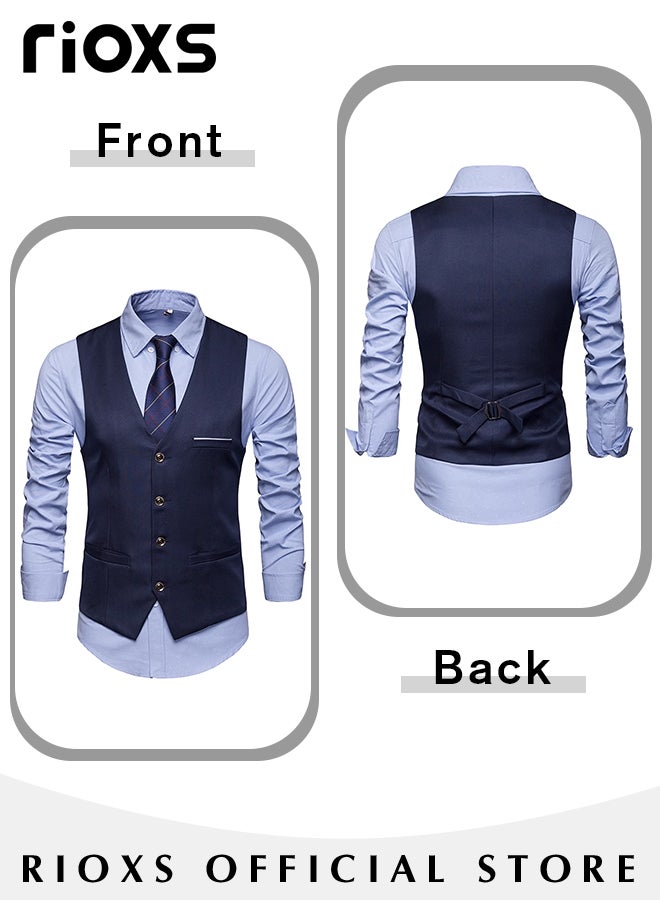 Men's Classic Solid Suit Vest with 4 Buttons, Regular Fit Tuxedo Waistcoat, Business Sleeveless Waistcoats, Slim Fit Blazer Vest with Single Breasted, Button Closure and Adjustable Back Straps, Suitable for Both Formal and Casual Occasions