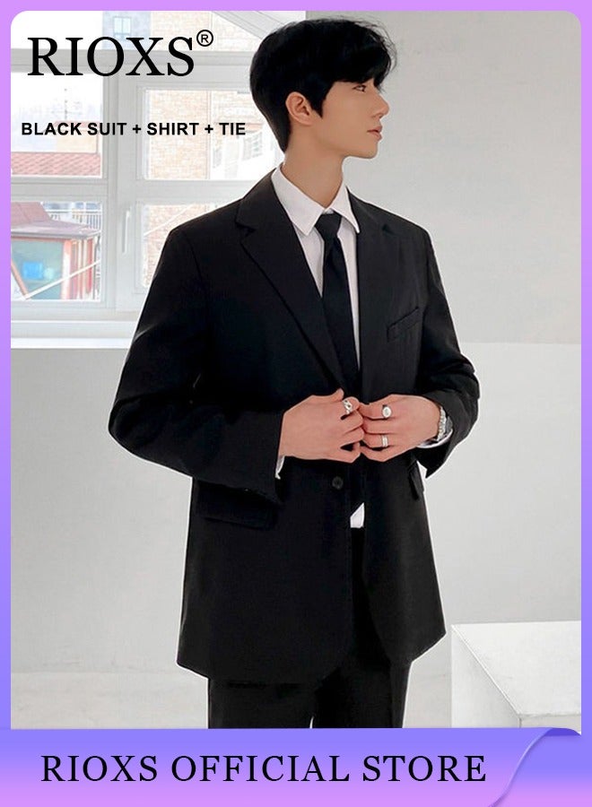 Men's 3 Pieces Fashion Loose Blazer Suit Two Buttons Loose Blazer Jacket & Long Straight Blazer Pants & Long Sleeve White Shirt & Black Tier for  Prom Fashion Party or Daily Wear