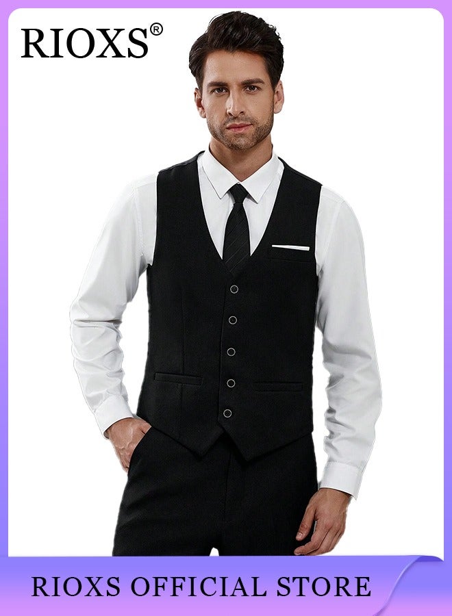 Men's Classic Solid Suit Vest with 4 Buttons, Regular Fit Tuxedo Waistcoat, Business Sleeveless Waistcoats, Slim Fit Blazer Vest with Single Breasted, Button Closure and Adjustable Back Straps, Suitable for Both Formal and Casual Occasions