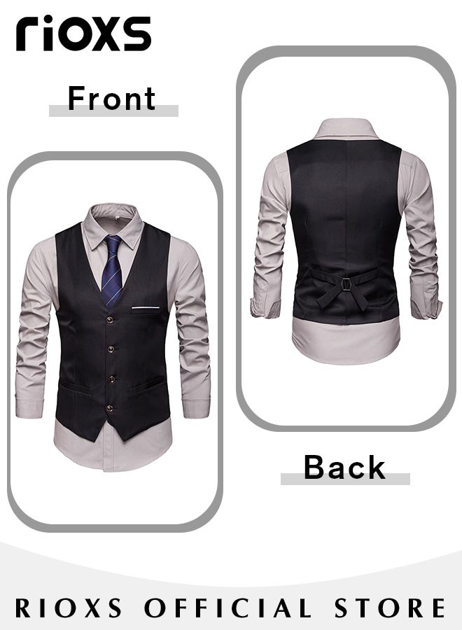 Men's Classic Solid Suit Vest with 4 Buttons, Regular Fit Tuxedo Waistcoat, Business Sleeveless Waistcoats, Slim Fit Blazer Vest with Single Breasted, Button Closure and Adjustable Back Straps, Suitable for Both Formal and Casual Occasions