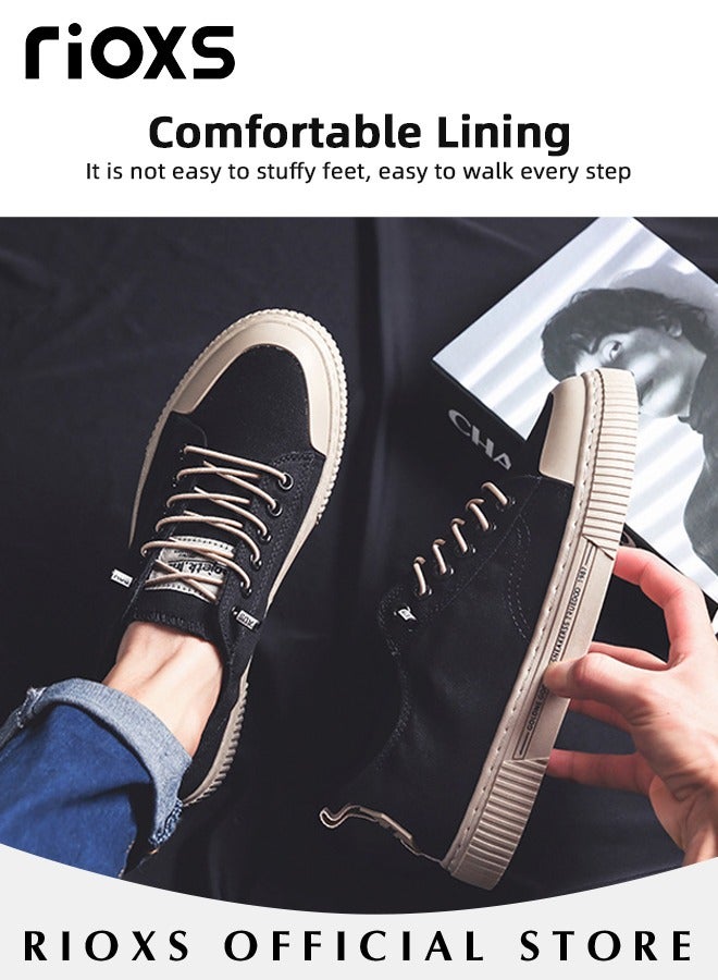 Men's Casual Canvas Low Top Sneakers, High-quality Lace Up Lightweight Breathable Shoes, Fashionable Comfortable Flat Shoes with Non-slip Sole, Sporty Outdoor Trainers, Suitable for Various Activities
