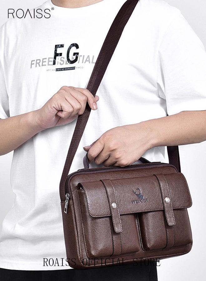 Men Business Leather Crossbody Bag Vertical Type Square Type Shoulder Bag Men Zipper Buckle Leather Messenger Bag Crossbody Shoulder Bag Vintage Handle Bags