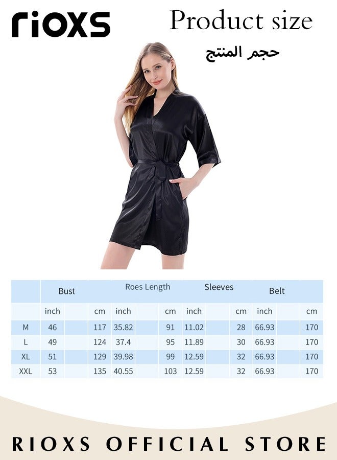 Women's Silky Satin Short Robe with Adjustable Tie and 3/4 Sleeves, Skin-friendly Lightweight Kimono Bathrobe with Above-knee Length, Stylish Comfortable Sleepwear, Perfect for Wedding Day, Pajamas Party, Daily Life Wear and Spa