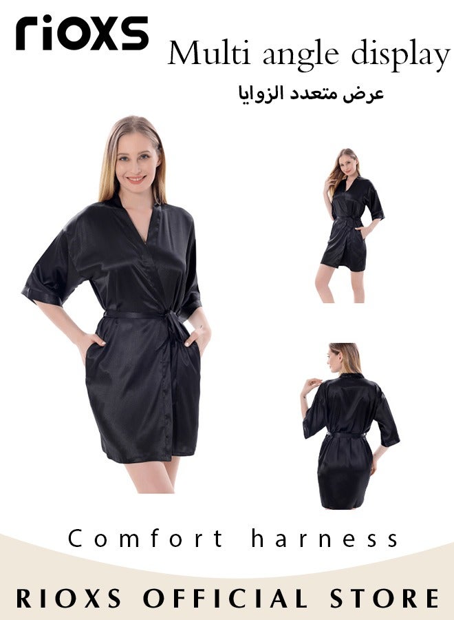 Women's Silky Satin Short Robe with Adjustable Tie and 3/4 Sleeves, Skin-friendly Lightweight Kimono Bathrobe with Above-knee Length, Stylish Comfortable Sleepwear, Perfect for Wedding Day, Pajamas Party, Daily Life Wear and Spa