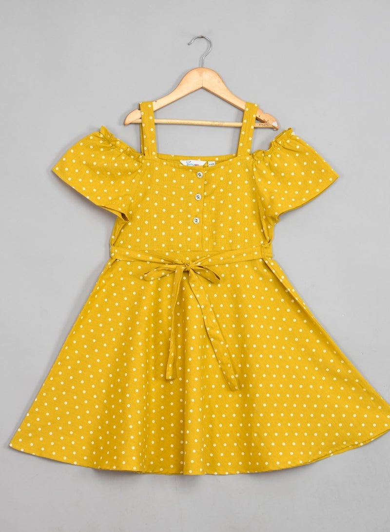 Cotton cold shoulder polka dots knee length dress for girls