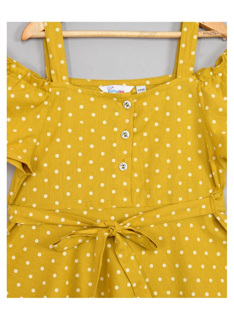 Cotton cold shoulder polka dots knee length dress for girls