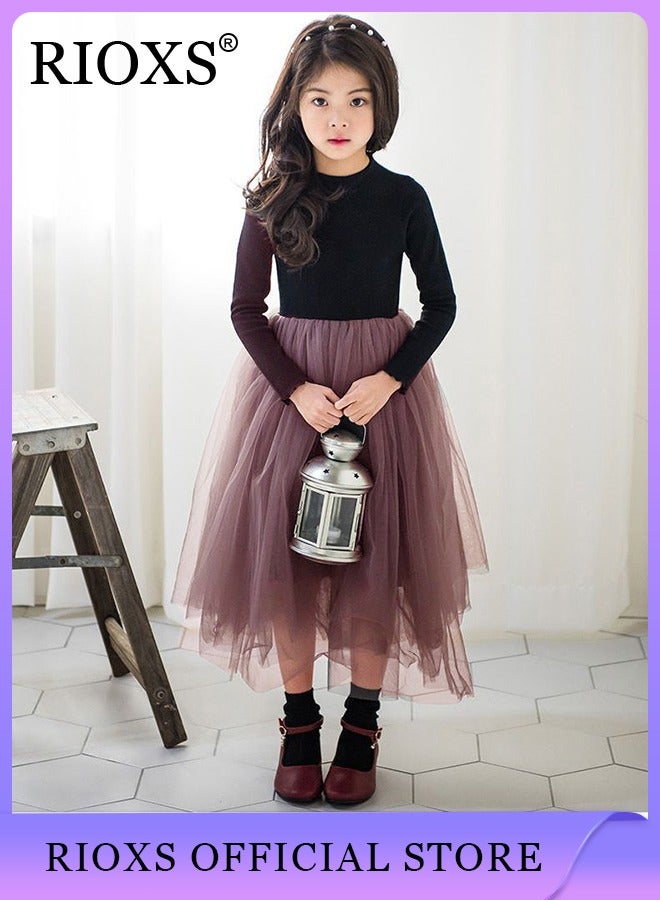 Kids Girls Breathable A Line Tutu Dress Round Neck Long Sleeve Mesh Slim Dress Knitted Cotton Princess Dress