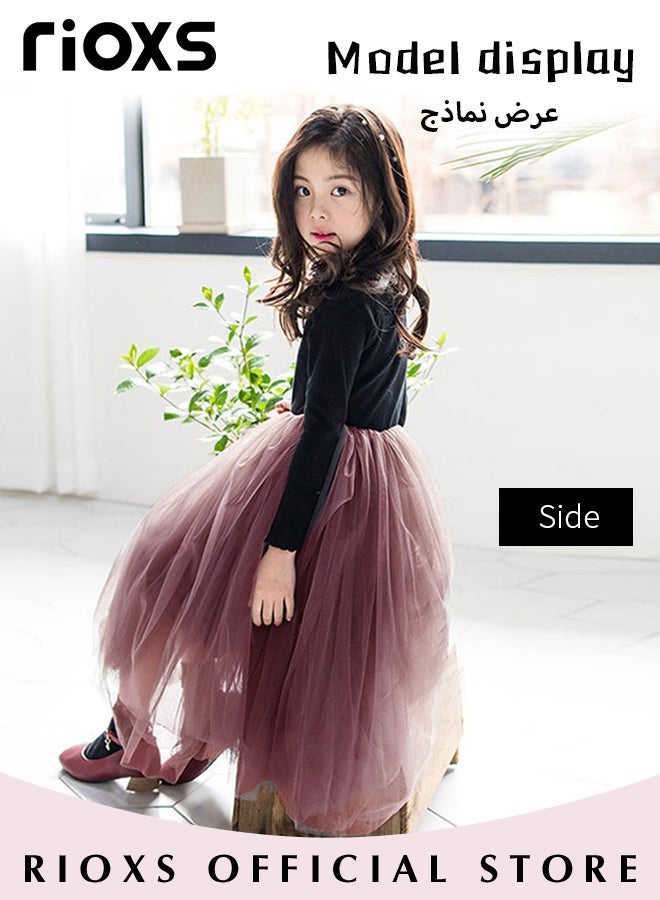 Kids Girls Breathable A Line Tutu Dress Round Neck Long Sleeve Mesh Slim Dress Knitted Cotton Princess Dress