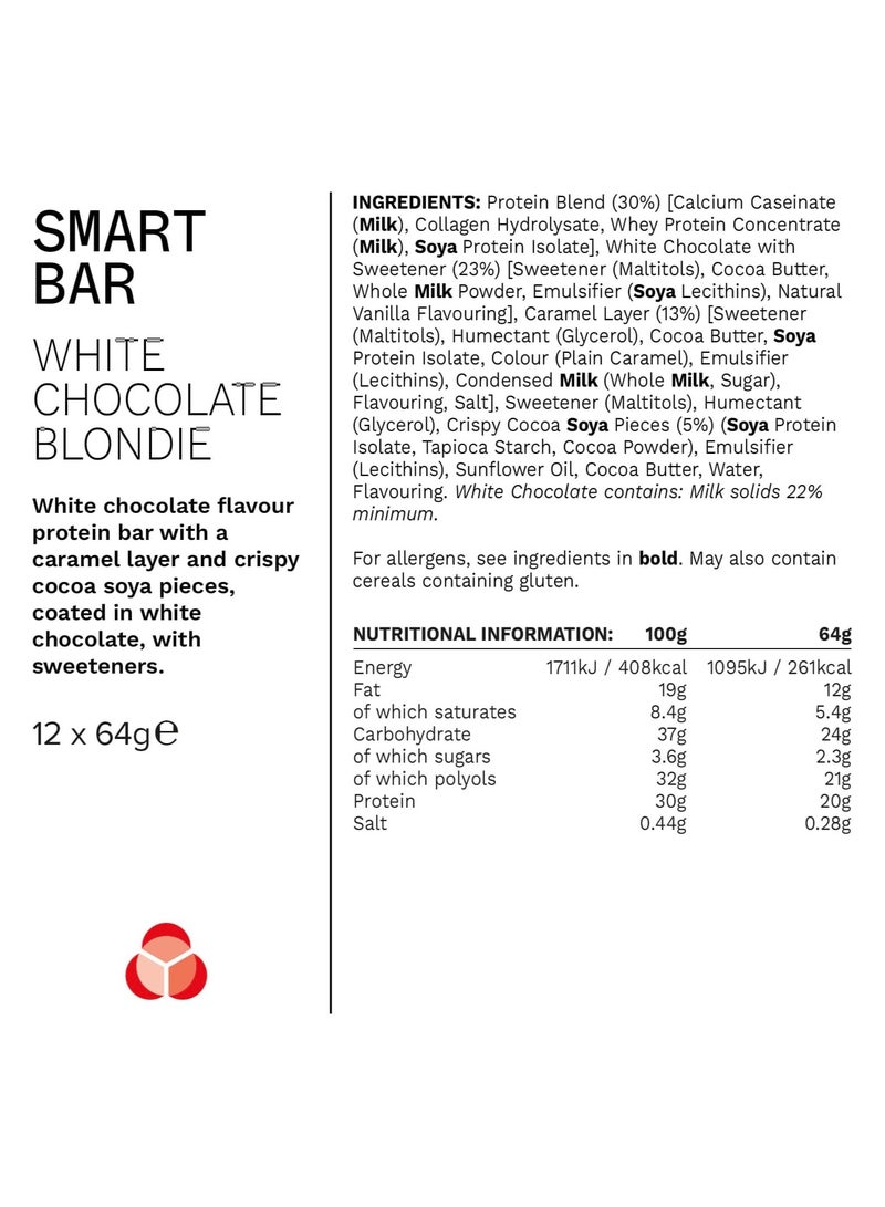 Smart High Bar - High Protein Low Sugar Bar, 20g protein, 2.3g sugar, Palm oil free - White Chocolate Blondie Flavour, 64g, 12 Pack