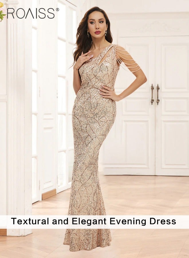 Elegant Celebrity Banquet Dress Women'S Party Dinner Temperament Dress Sequin Design One-Shoulder Off-The-Shoulder Tassel Hip Cover Dress