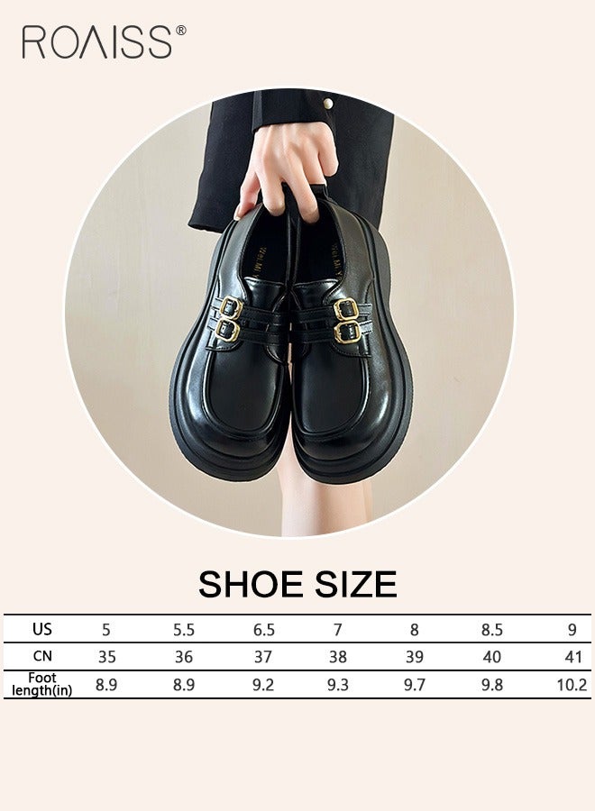 Fashionable Pu Leather Loafers For Women'S Daily Commuting Versatile Thick-Soled Double Buckle College Style Shallow Shoes